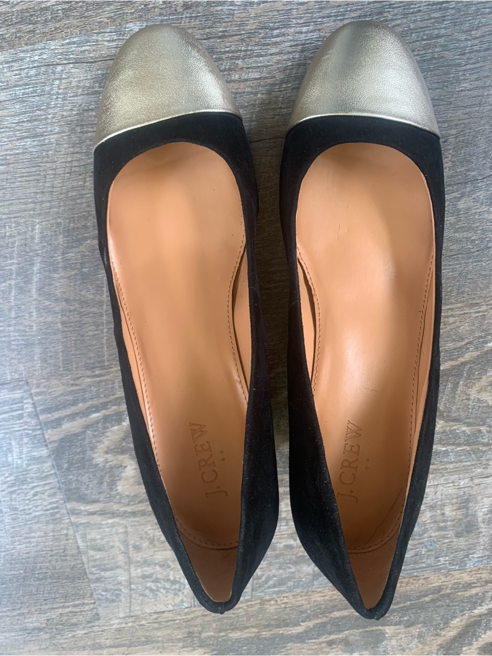 J. Crew Black Suede Ballet Block Heels with Metallic Gold Toe